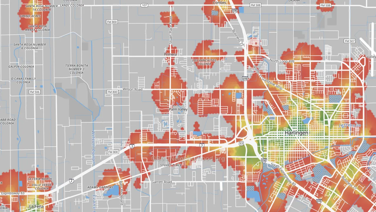 Walk Grade map of Palm Valley, TX, walkable areas in green and car-dependent areas in red