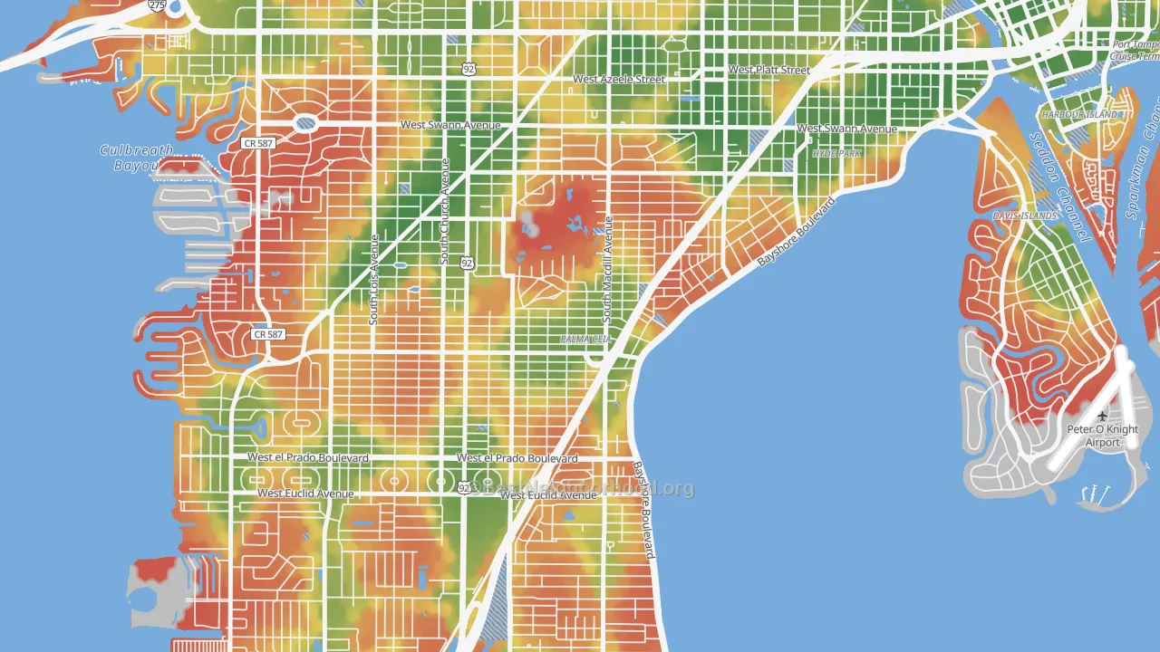 Walk Grade map of Palma Ceia, Tampa, FL, walkable areas in green and car-dependent areas in red