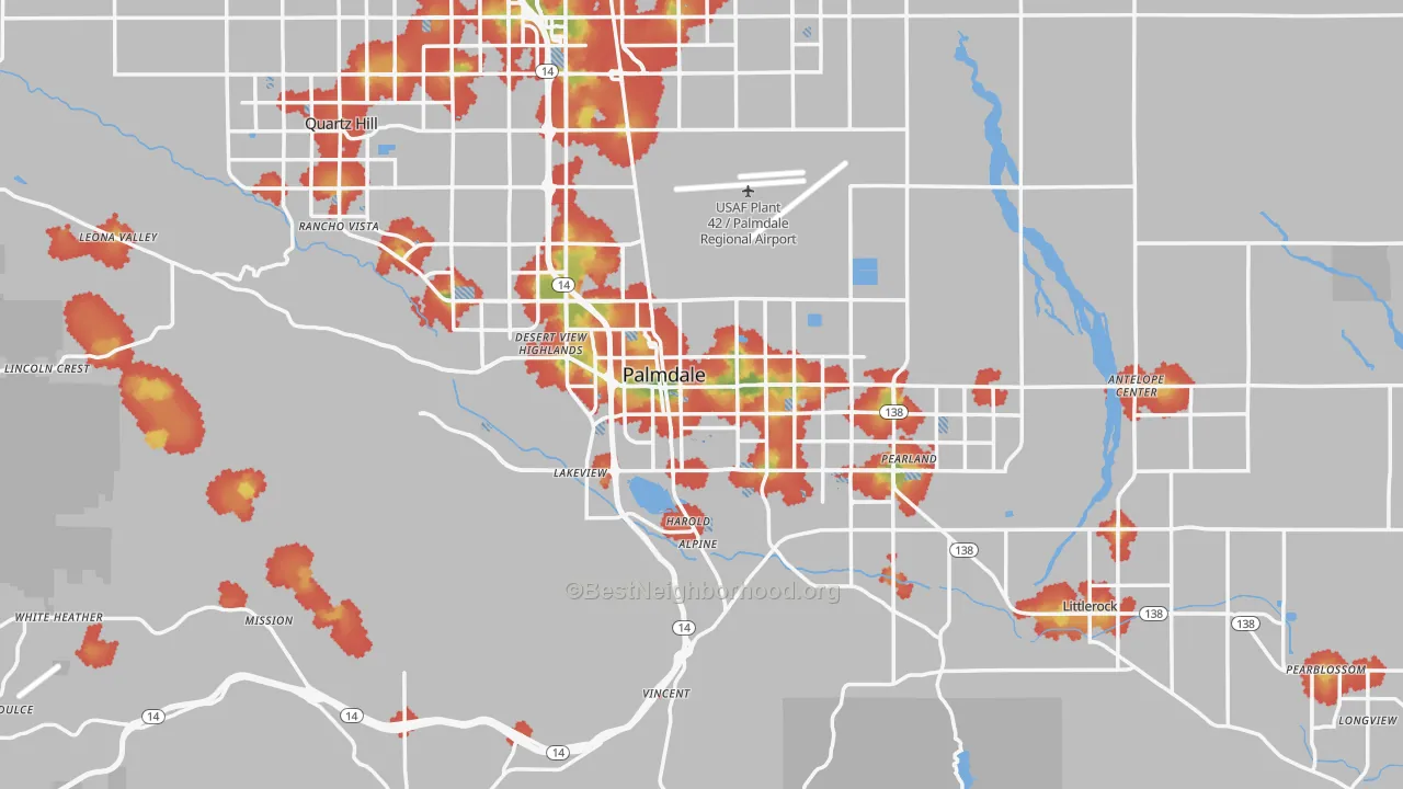 Walk Grade map of Palmdale, CA, walkable areas in green and car-dependent areas in red