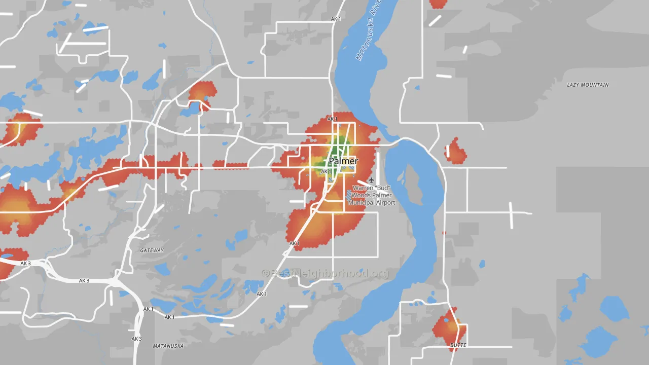 Walk Grade map of Palmer, AK, walkable areas in green and car-dependent areas in red