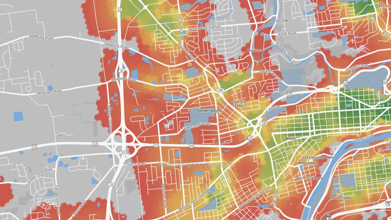 Walk Grade map of Palmer Heights, Easton, PA, walkable areas in green and car-dependent areas in red