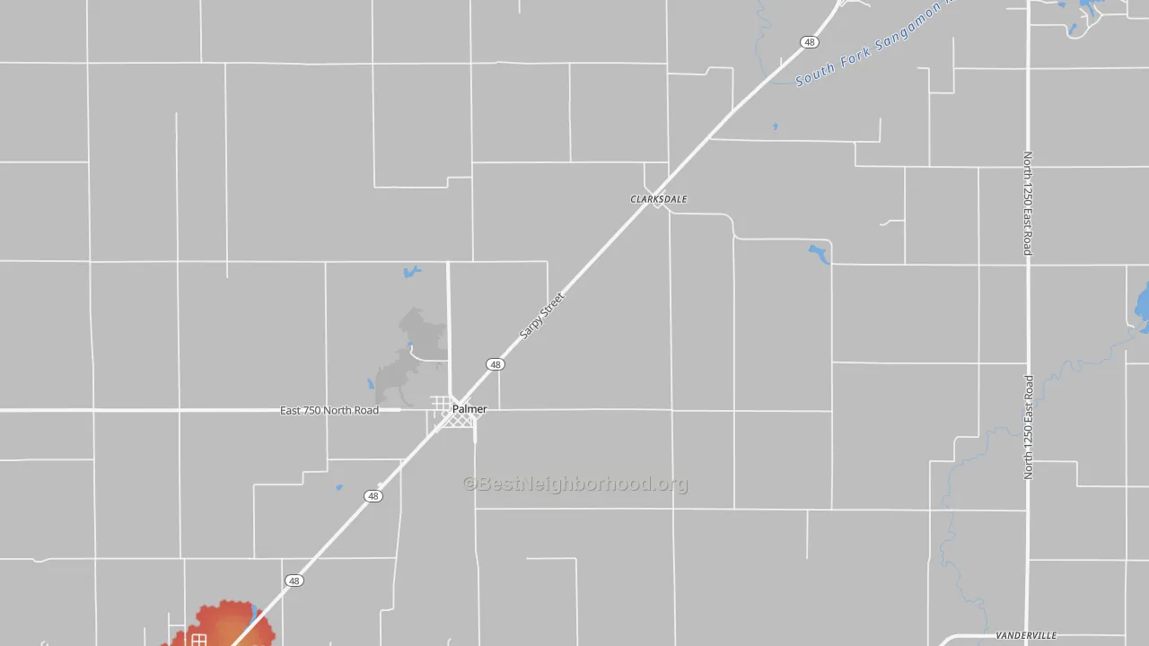 Walk Grade map of Palmer, IL, walkable areas in green and car-dependent areas in red