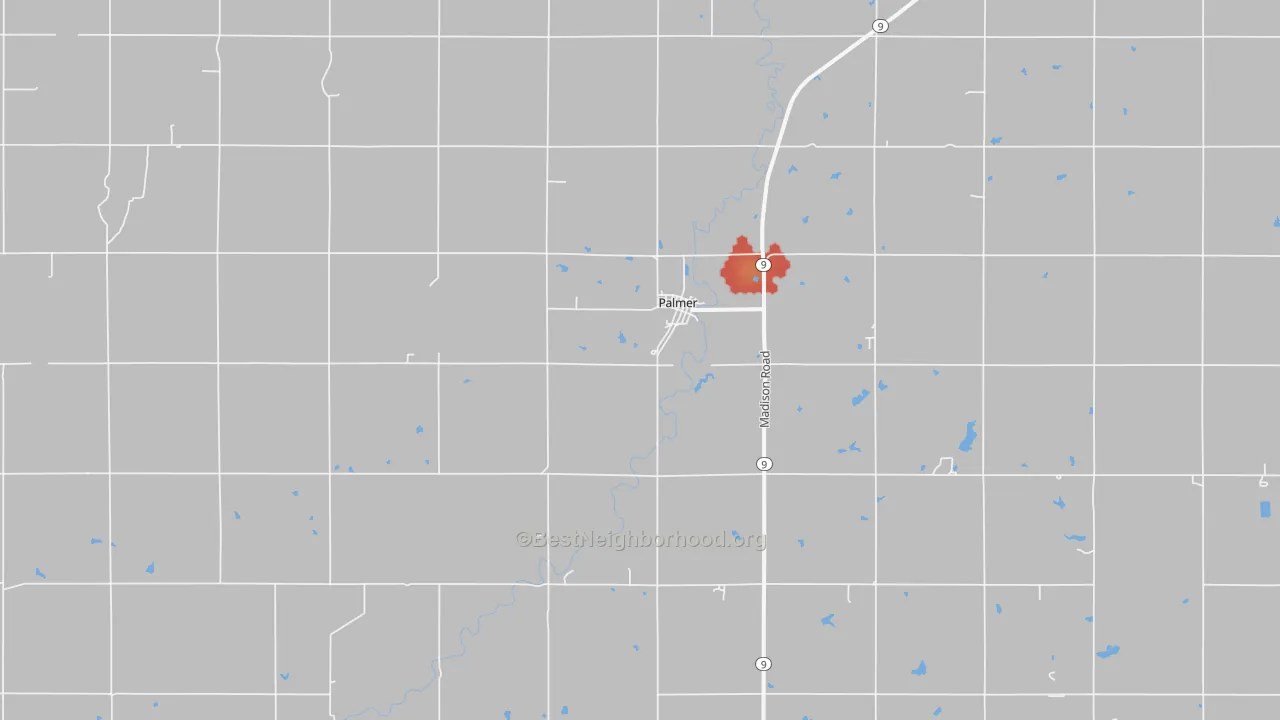 Walk Grade map of Palmer, KS, walkable areas in green and car-dependent areas in red
