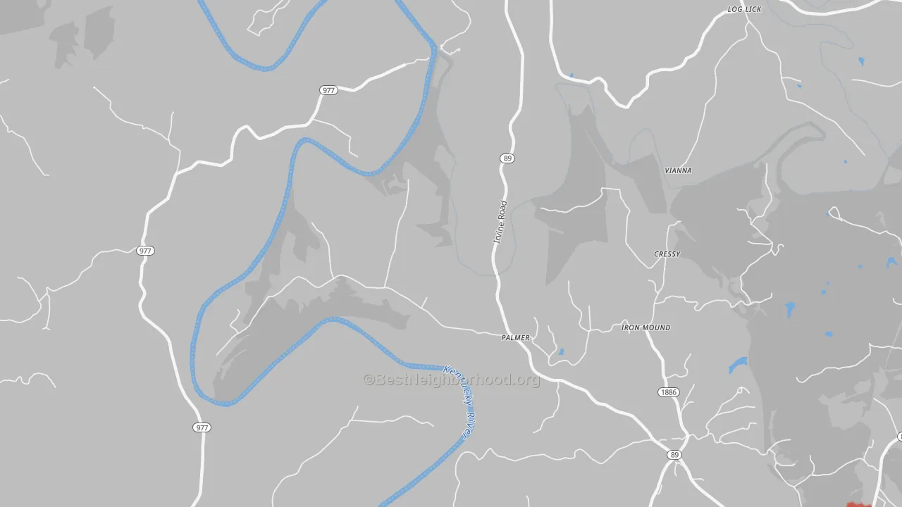 Walk Grade map of Palmer, KY, walkable areas in green and car-dependent areas in red