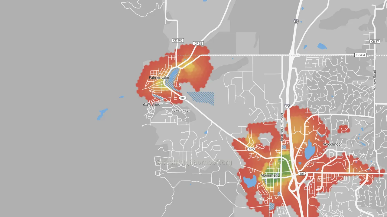 Walk Grade map of Palmer Lake, CO, walkable areas in green and car-dependent areas in red