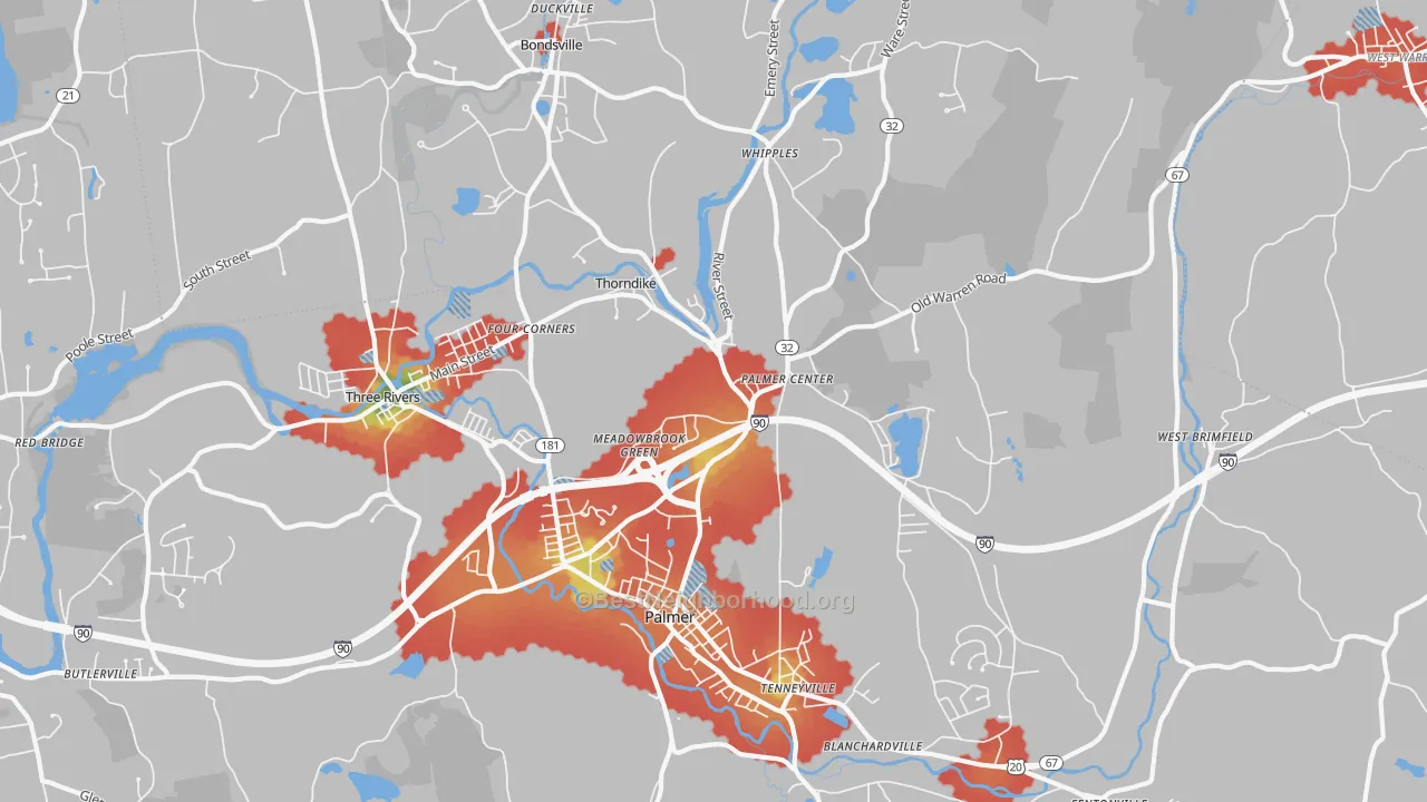 Walk Grade map of Palmer, MA, walkable areas in green and car-dependent areas in red