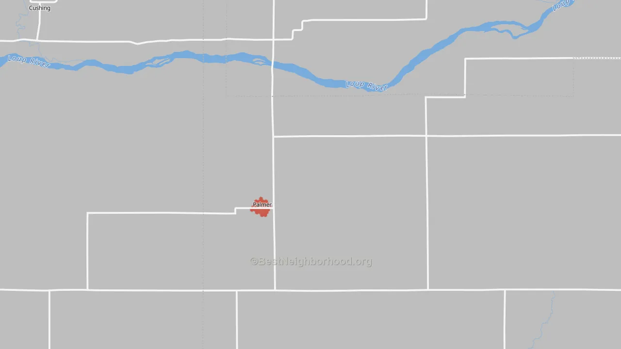 Walk Grade map of Palmer, NE, walkable areas in green and car-dependent areas in red