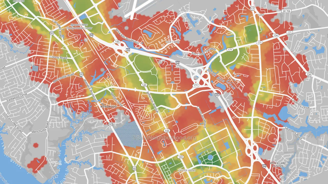 Walk Grade map of Palmer, Newport News, VA, walkable areas in green and car-dependent areas in red