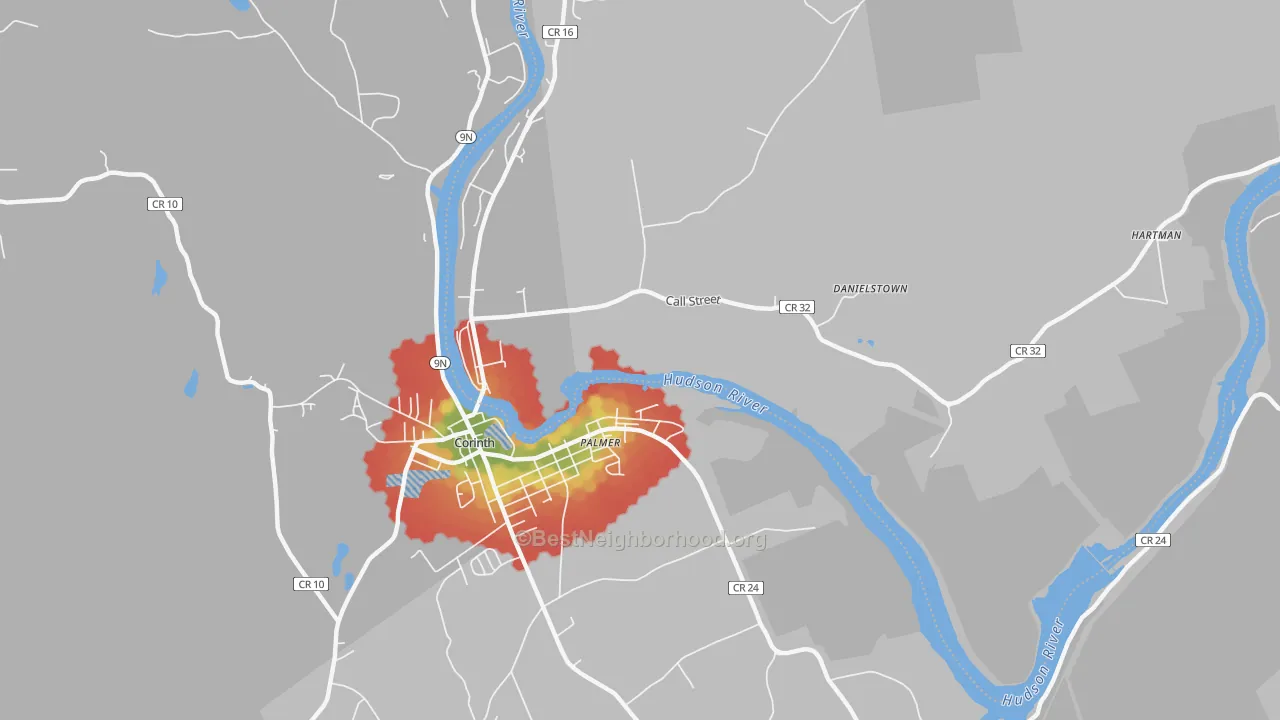 Walk Grade map of Palmer, NY, walkable areas in green and car-dependent areas in red