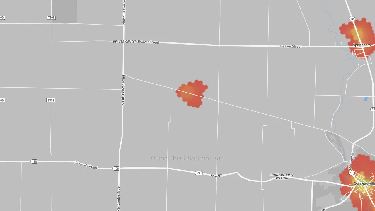 Walk Grade map of Palmer, PA, walkable areas in green and car-dependent areas in red