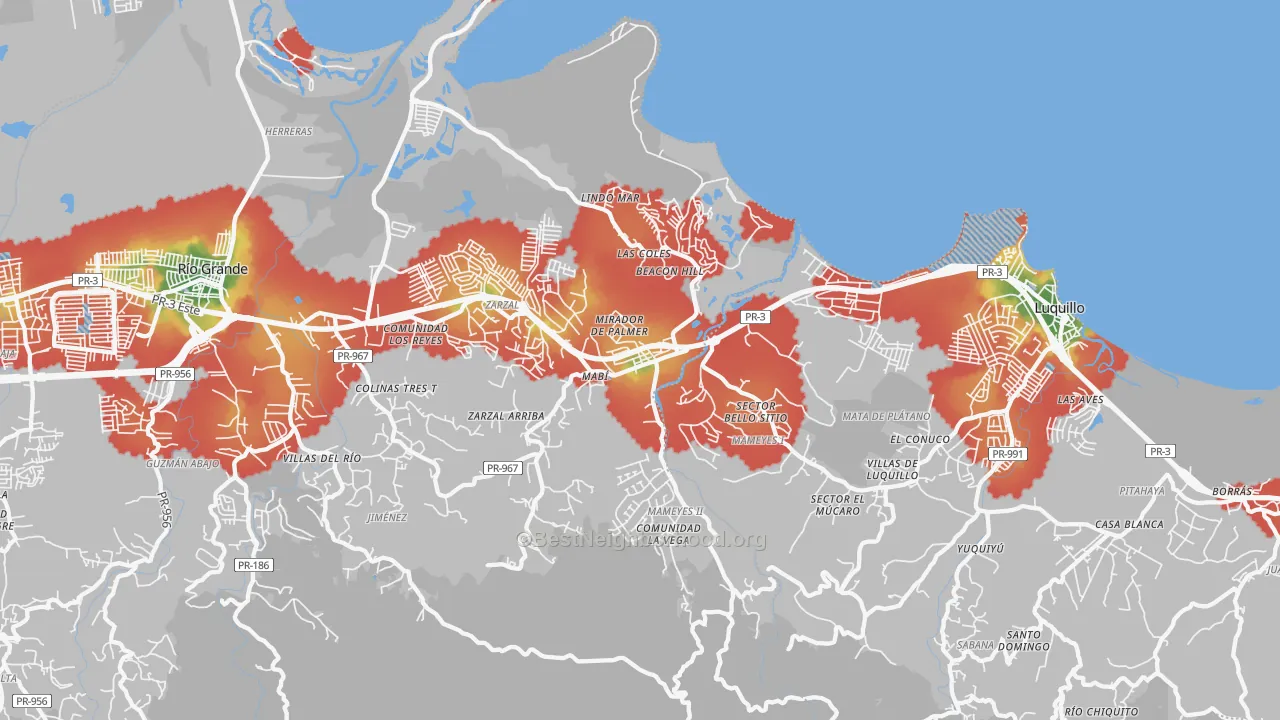 Walk Grade map of Palmer, PR, walkable areas in green and car-dependent areas in red