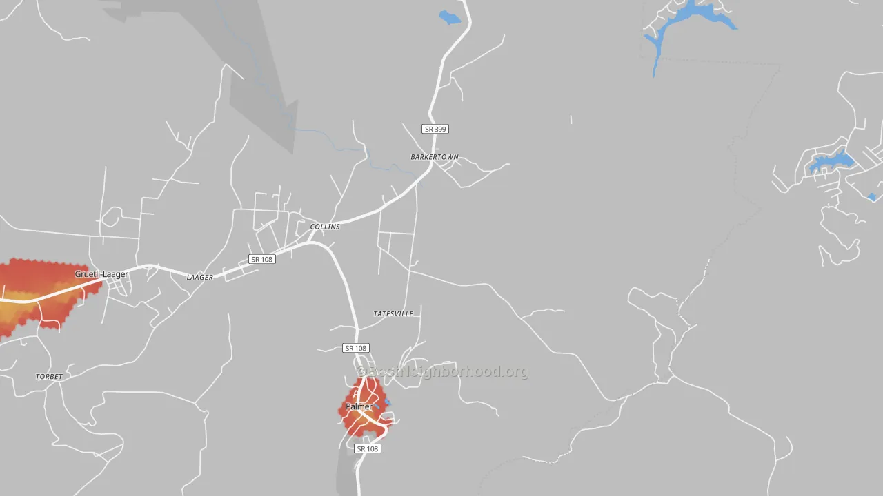 Walk Grade map of Palmer, TN, walkable areas in green and car-dependent areas in red