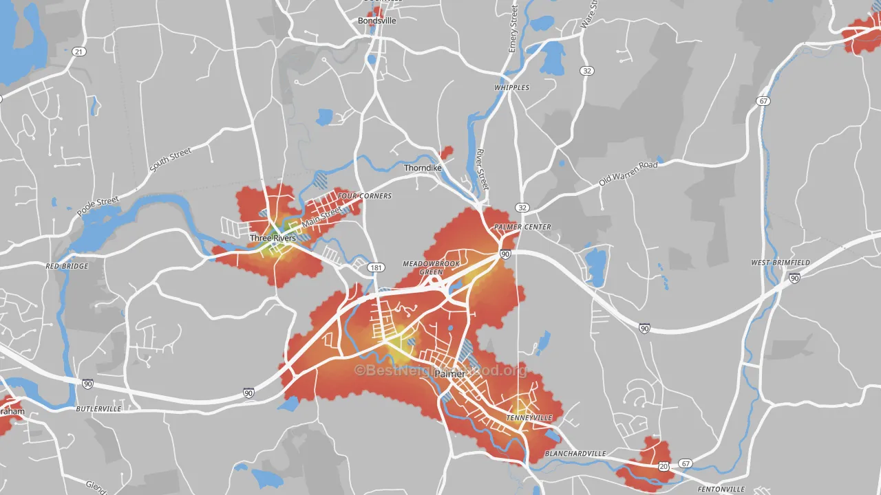 Walk Grade map of Palmer Town, MA, walkable areas in green and car-dependent areas in red