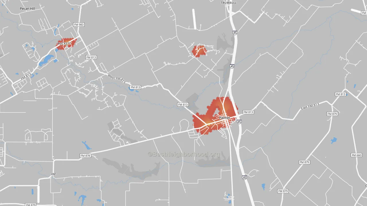 Walk Grade map of Palmer, TX, walkable areas in green and car-dependent areas in red