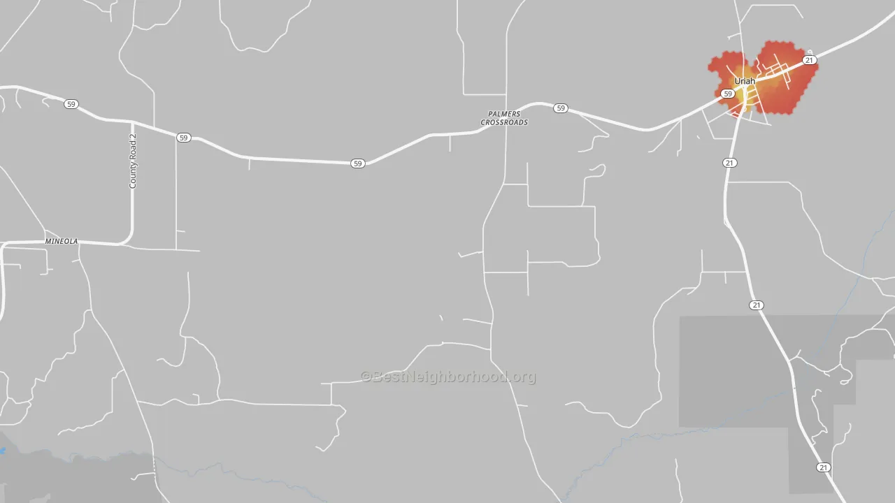 Walk Grade map of Palmers Crossroads, AL, walkable areas in green and car-dependent areas in red