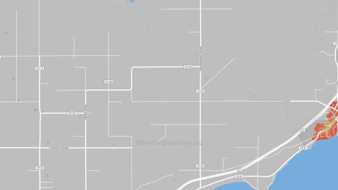 Walk Grade map of Palmers, MN, walkable areas in green and car-dependent areas in red