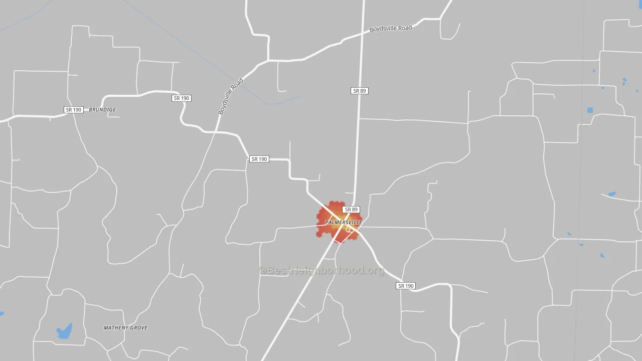 Walk Grade map of Palmersville, TN, walkable areas in green and car-dependent areas in red