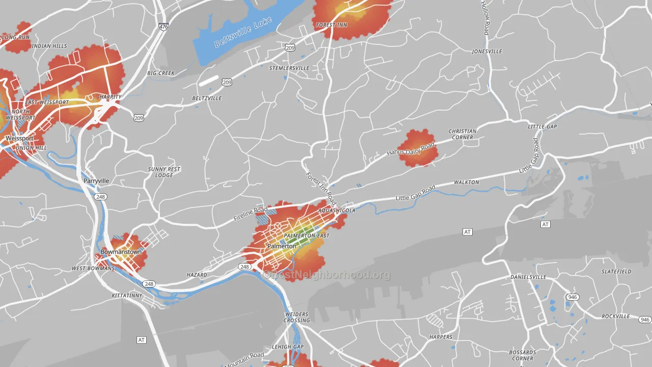 Walk Grade map of Palmerton, PA, walkable areas in green and car-dependent areas in red