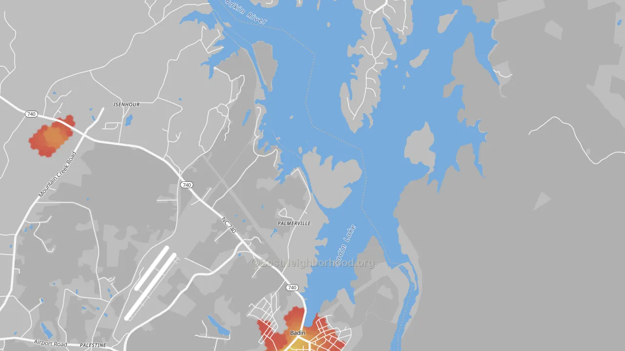 Walk Grade map of Palmerville, NC, walkable areas in green and car-dependent areas in red