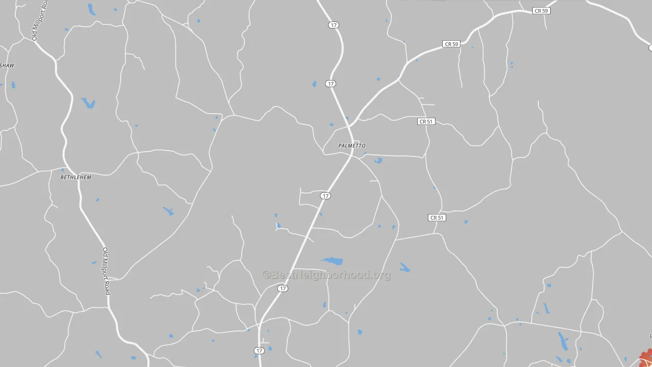 Walk Grade map of Palmetto, AL, walkable areas in green and car-dependent areas in red
