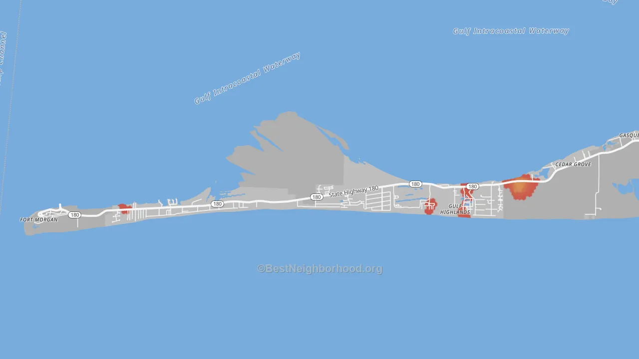 Walk Grade map of Palmetto Beach, AL, walkable areas in green and car-dependent areas in red