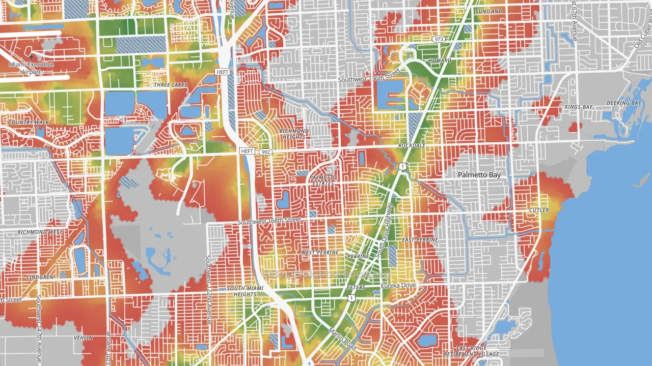 Walk Grade map of Palmetto Estates, FL, walkable areas in green and car-dependent areas in red