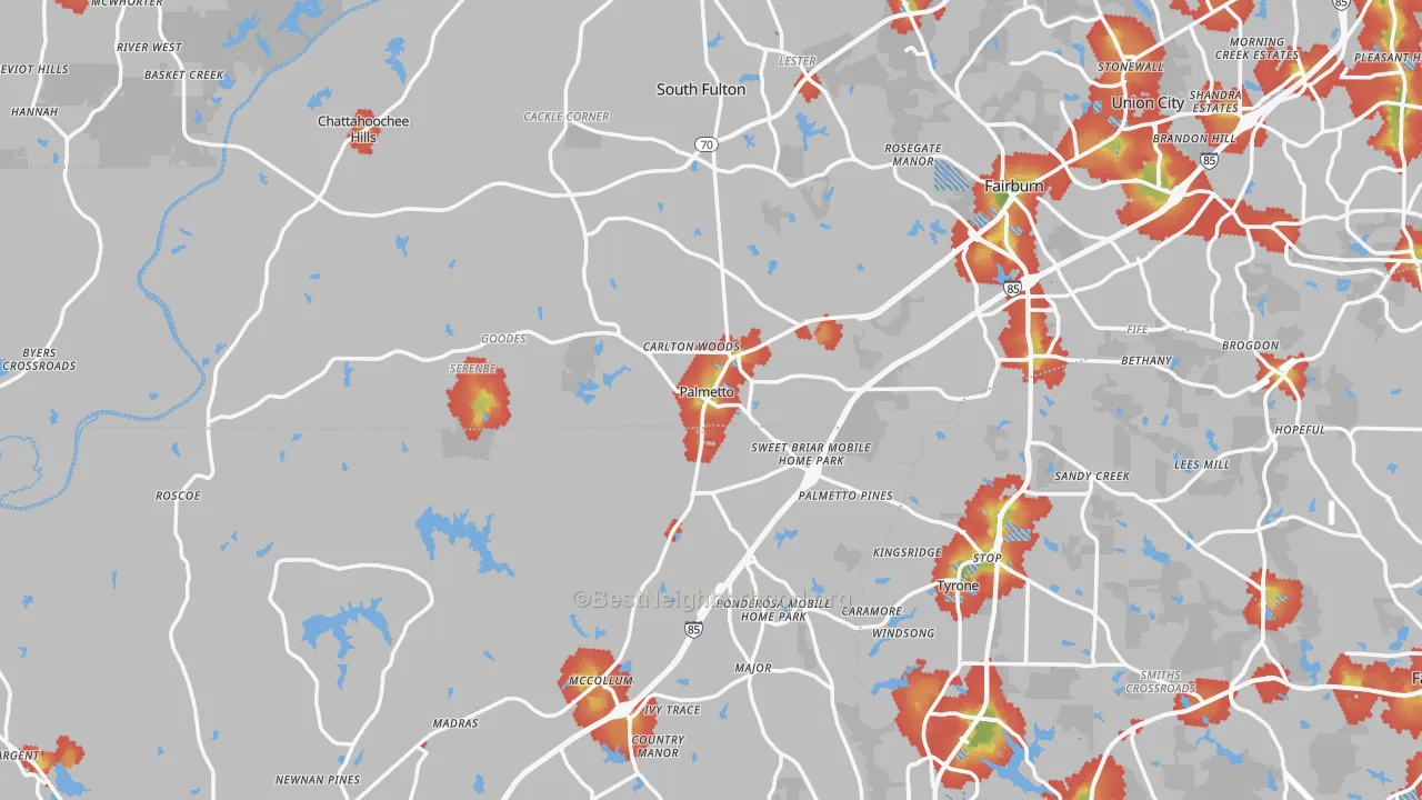 Walk Grade map of Palmetto, GA, walkable areas in green and car-dependent areas in red