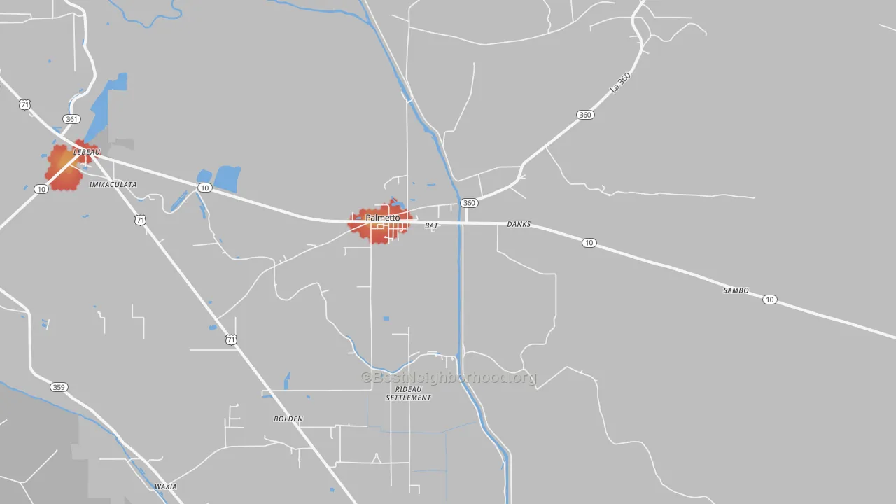 Walk Grade map of Palmetto, LA, walkable areas in green and car-dependent areas in red