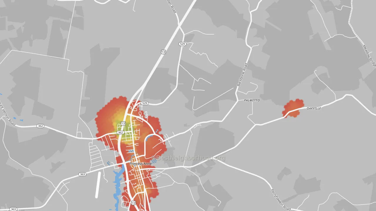 Walk Grade map of Palmetto, MD, walkable areas in green and car-dependent areas in red