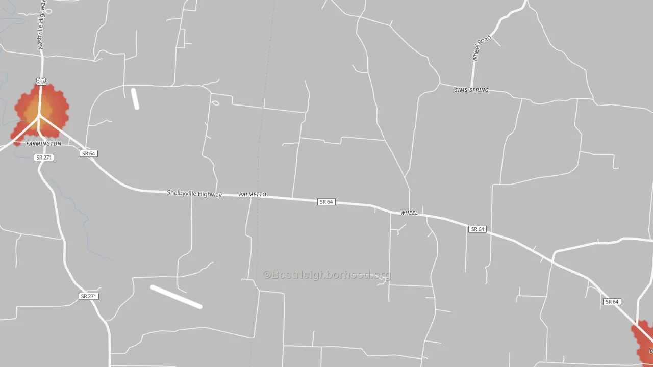 Walk Grade map of Palmetto, TN, walkable areas in green and car-dependent areas in red