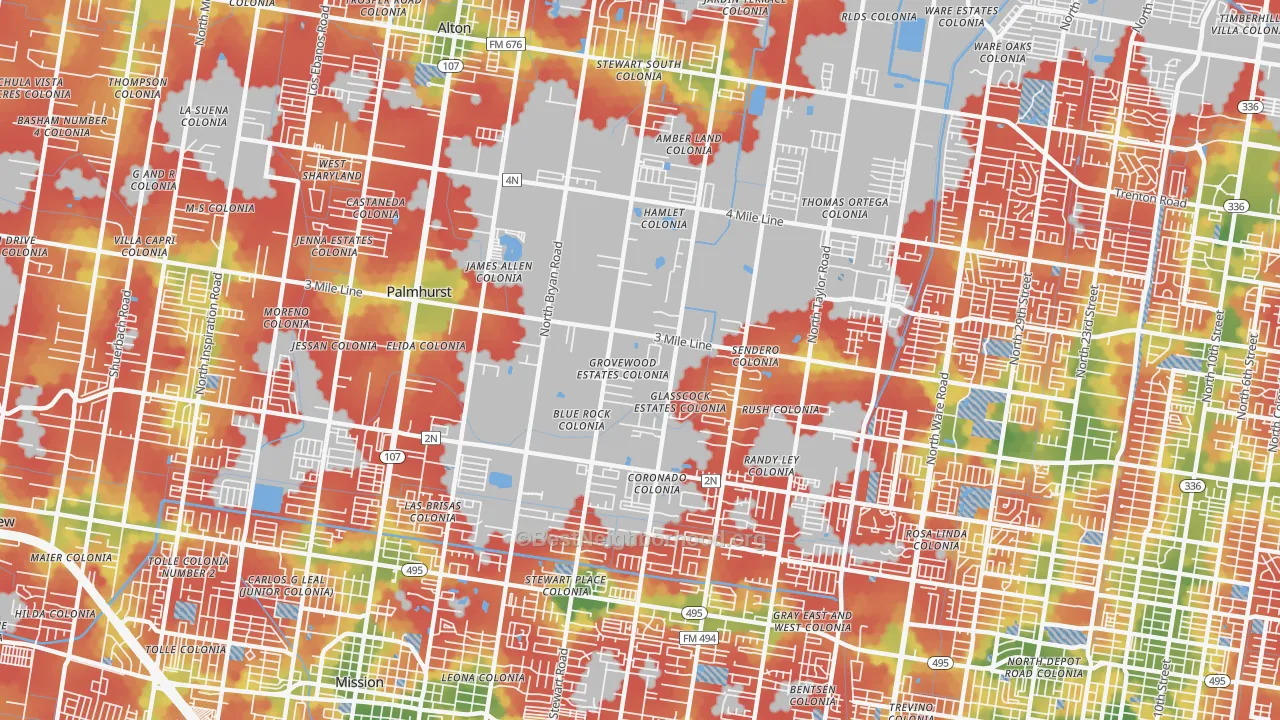 Walk Grade map of Palmhurst, TX, walkable areas in green and car-dependent areas in red