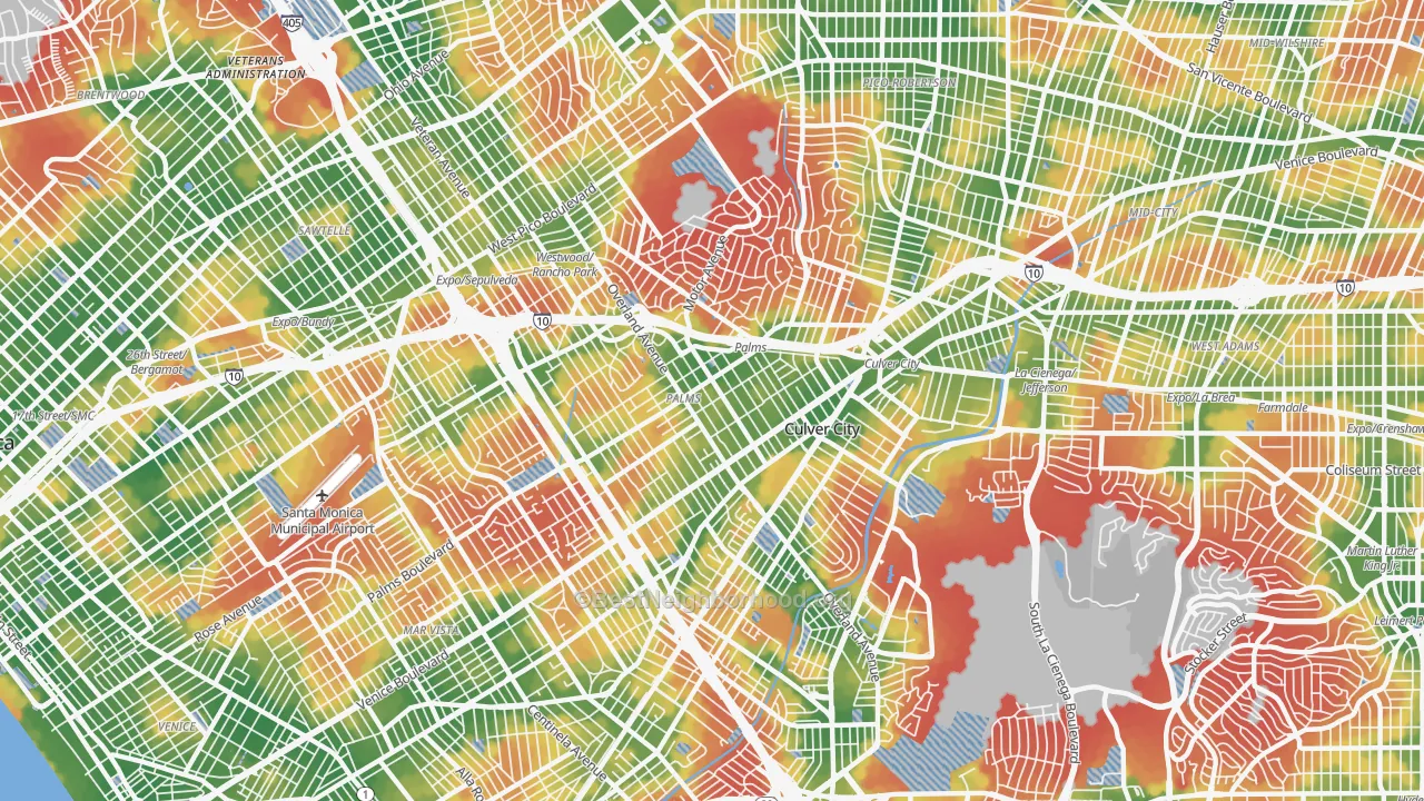 Walk Grade map of Palms, Los Angeles, CA, walkable areas in green and car-dependent areas in red