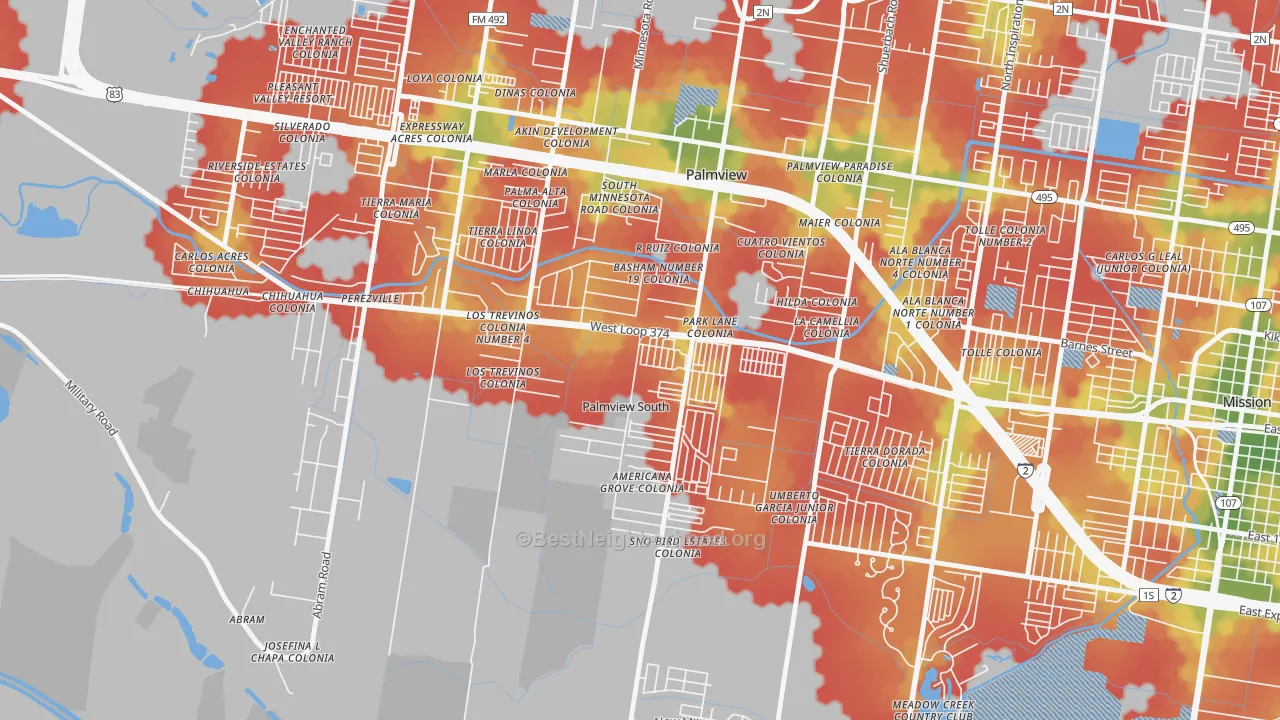 Walk Grade map of Palmview South, TX, walkable areas in green and car-dependent areas in red