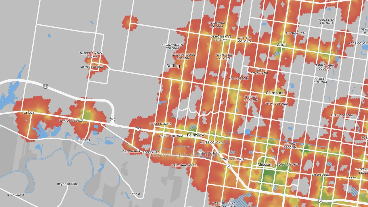 Walk Grade map of Palmview, TX, walkable areas in green and car-dependent areas in red
