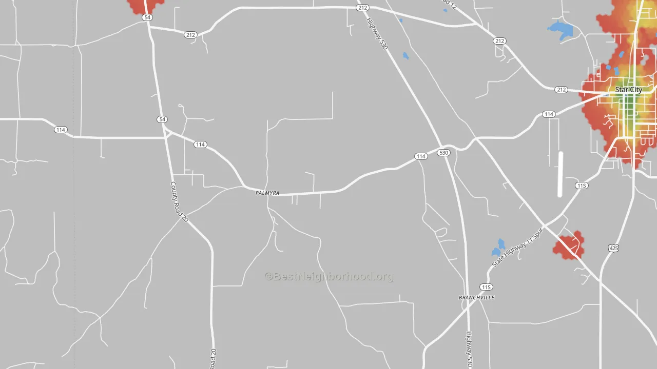 Walk Grade map of Palmyra, AR, walkable areas in green and car-dependent areas in red