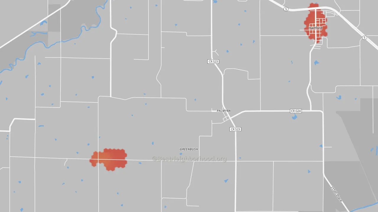 Walk Grade map of Palmyra, IA, walkable areas in green and car-dependent areas in red