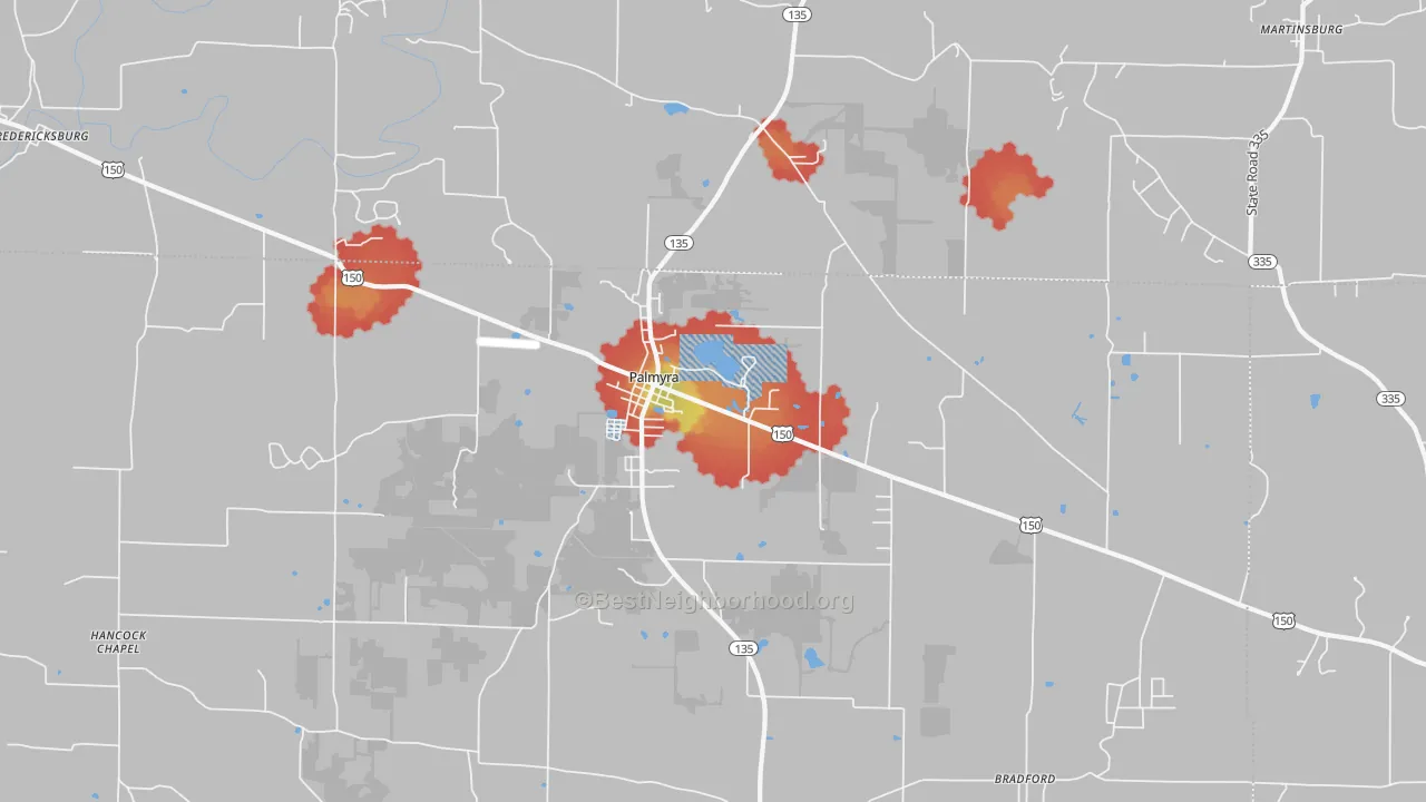Walk Grade map of Palmyra, IN, walkable areas in green and car-dependent areas in red