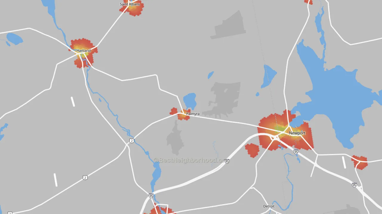 Walk Grade map of Palmyra, ME, walkable areas in green and car-dependent areas in red