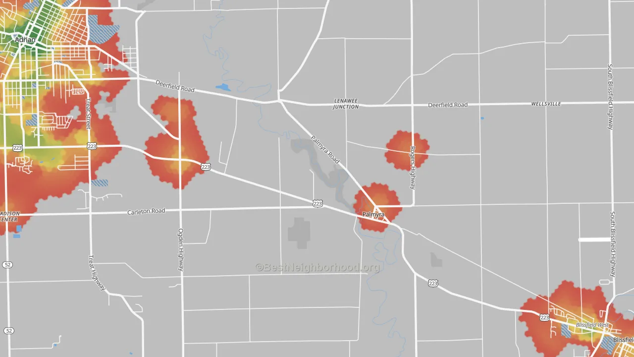 Walk Grade map of Palmyra, MI, walkable areas in green and car-dependent areas in red
