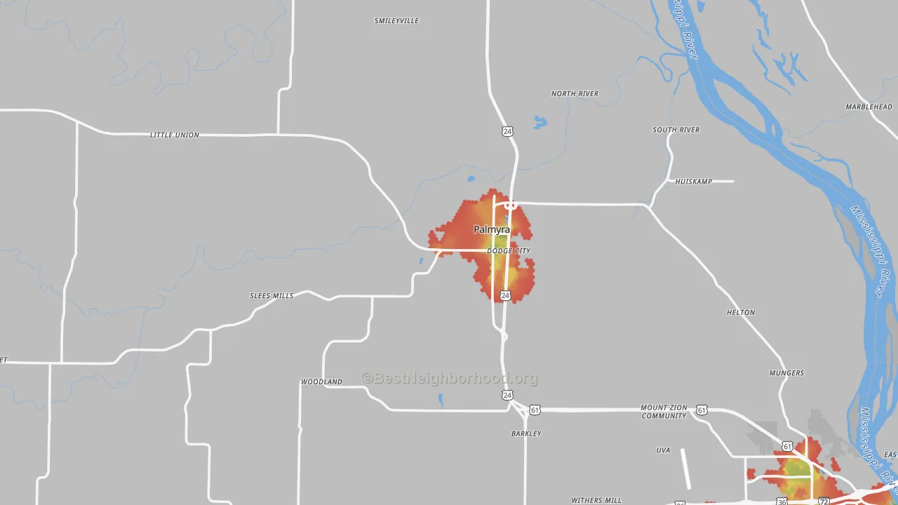 Walk Grade map of Palmyra, MO, walkable areas in green and car-dependent areas in red