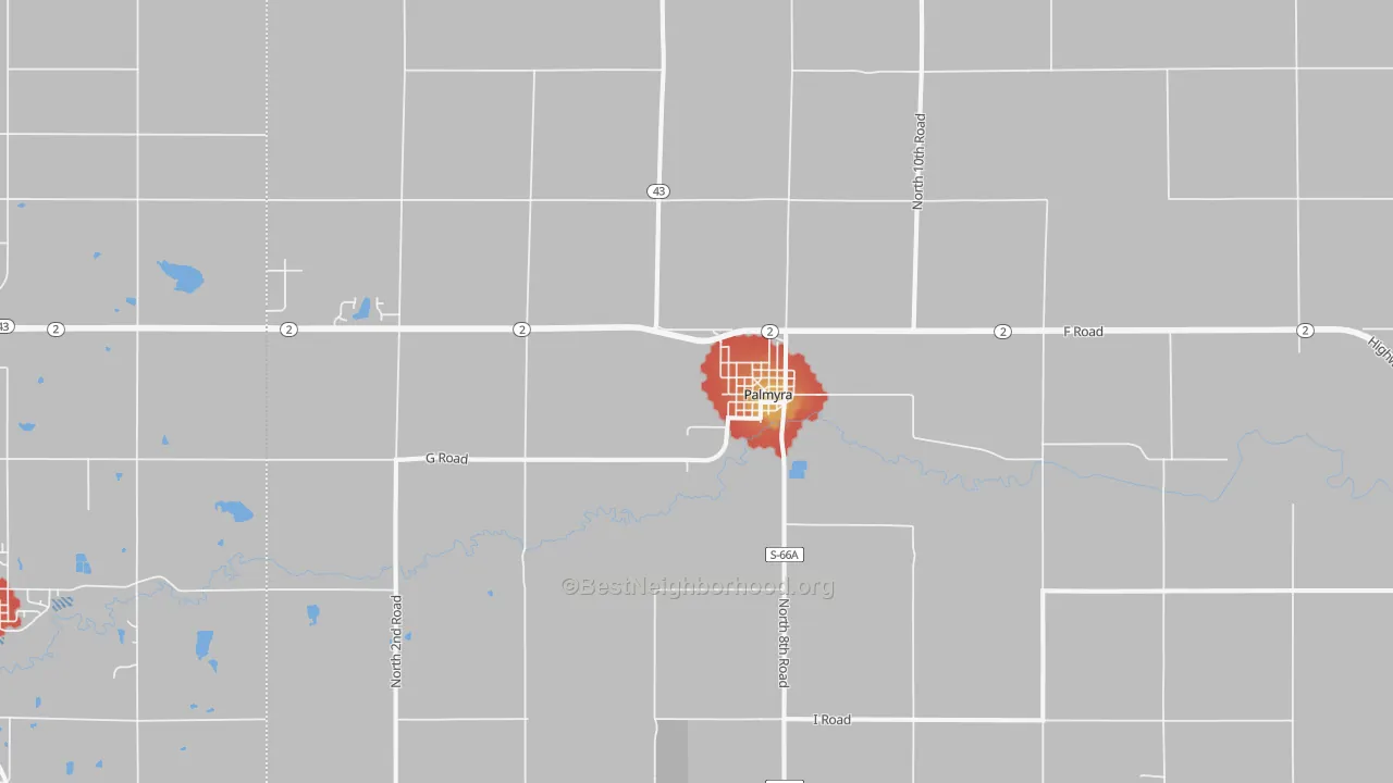 Walk Grade map of Palmyra, NE, walkable areas in green and car-dependent areas in red