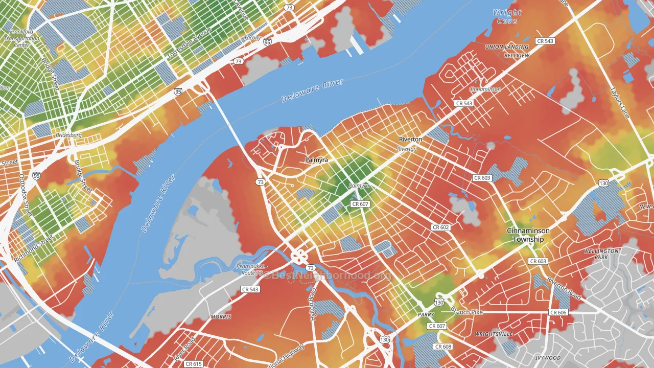 Walk Grade map of Palmyra, NJ, walkable areas in green and car-dependent areas in red