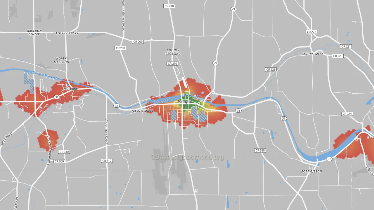 Walk Grade map of Palmyra, NY, walkable areas in green and car-dependent areas in red