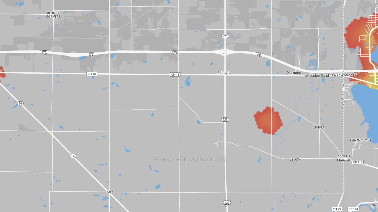 Walk Grade map of Palmyra, OH, walkable areas in green and car-dependent areas in red
