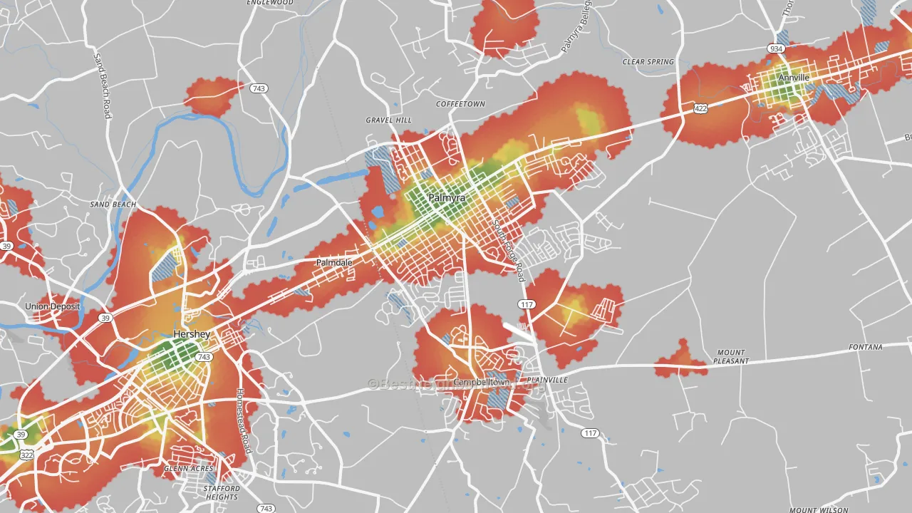 Walk Grade map of Palmyra, PA, walkable areas in green and car-dependent areas in red