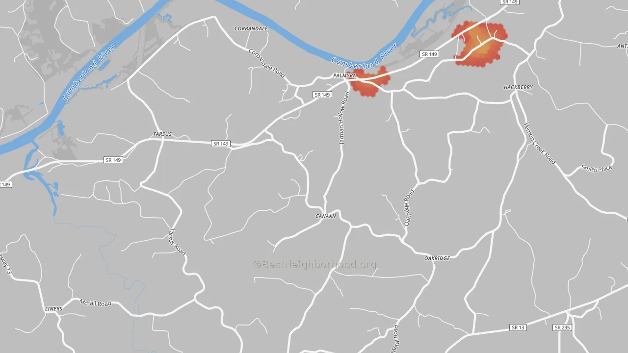 Walk Grade map of Palmyra, TN, walkable areas in green and car-dependent areas in red