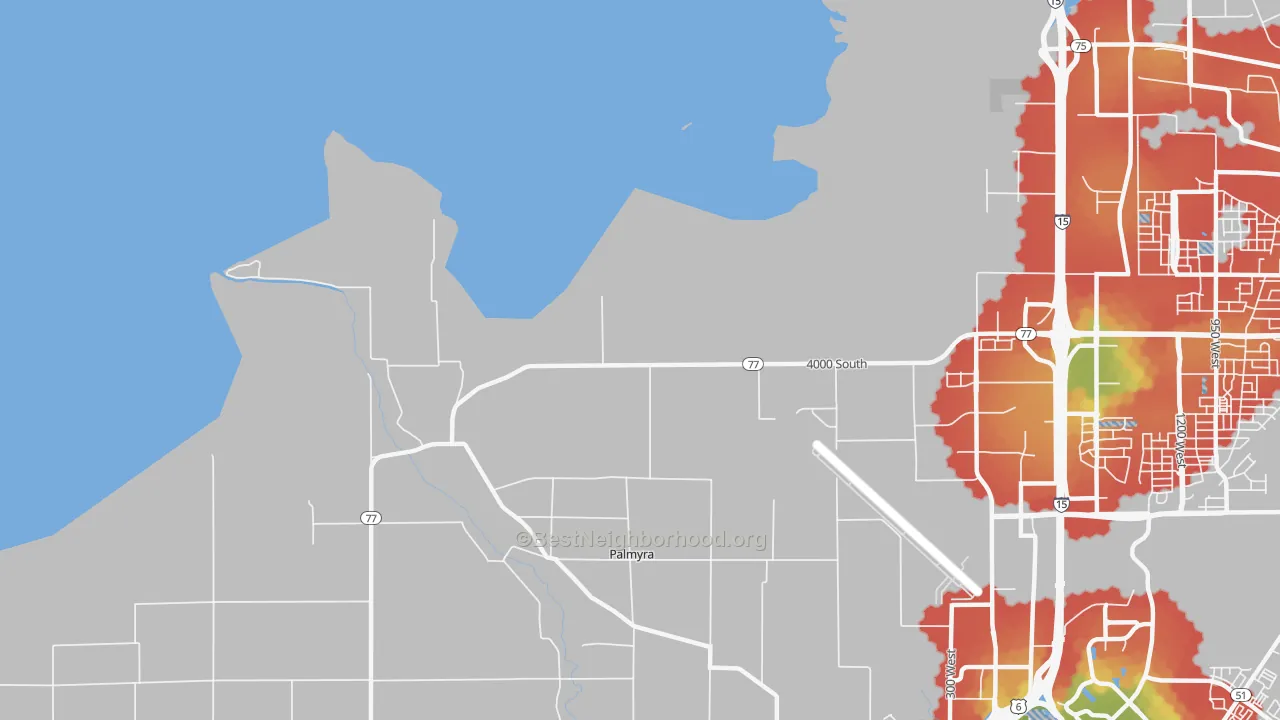 Walk Grade map of Palmyra, UT, walkable areas in green and car-dependent areas in red