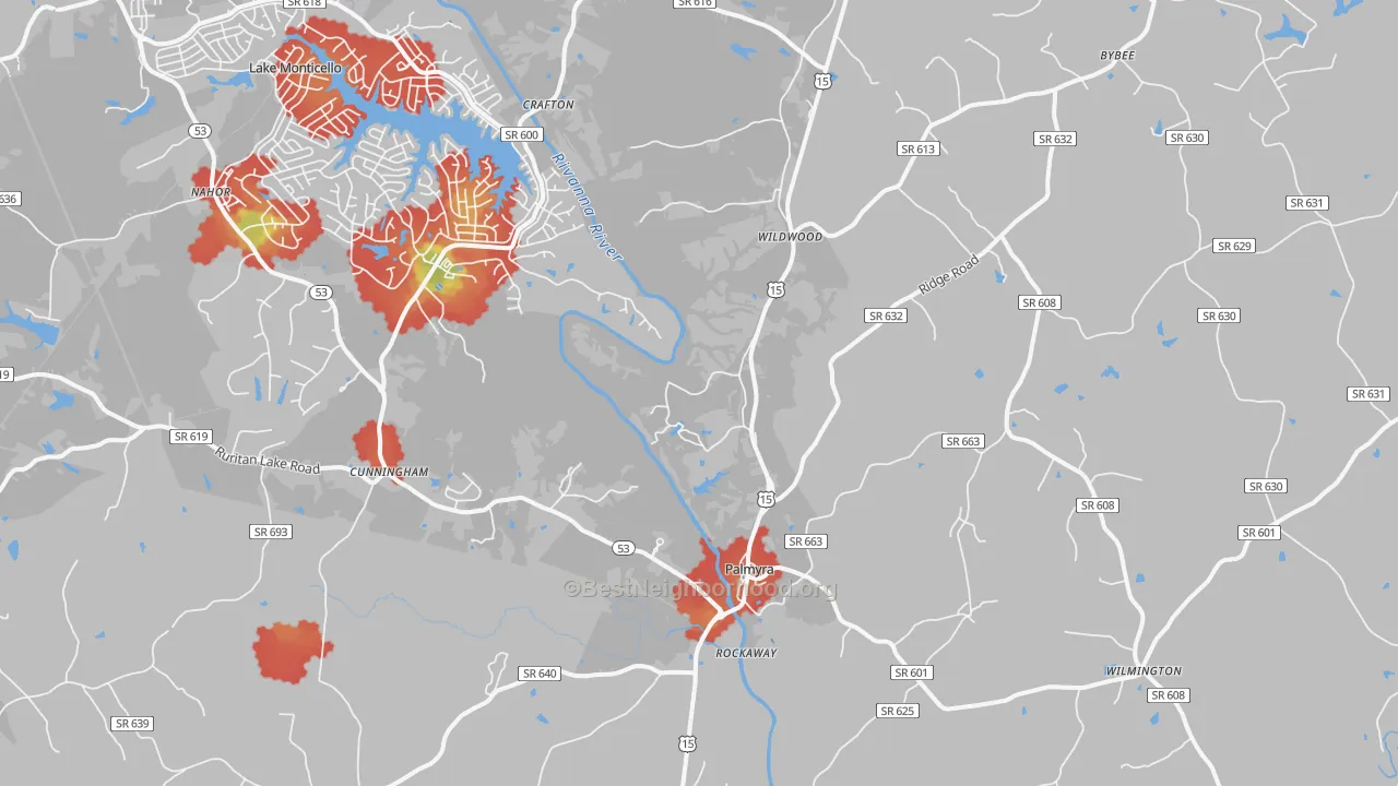 Walk Grade map of Palmyra, VA, walkable areas in green and car-dependent areas in red
