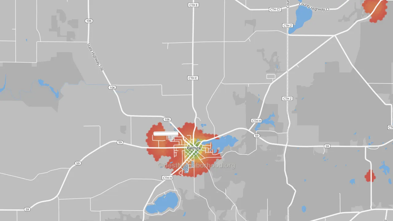 Walk Grade map of Palmyra, WI, walkable areas in green and car-dependent areas in red