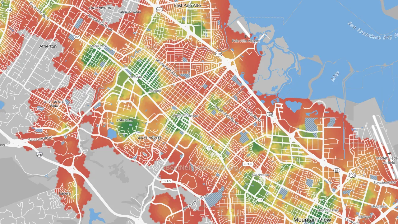 Walk Grade map of Palo Alto, CA, walkable areas in green and car-dependent areas in red